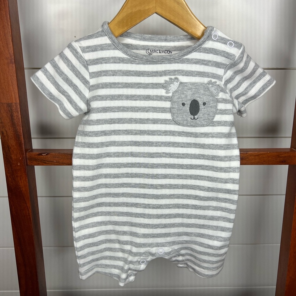 Mac & Moon- Gray Striped Baby Romper with Koala Design